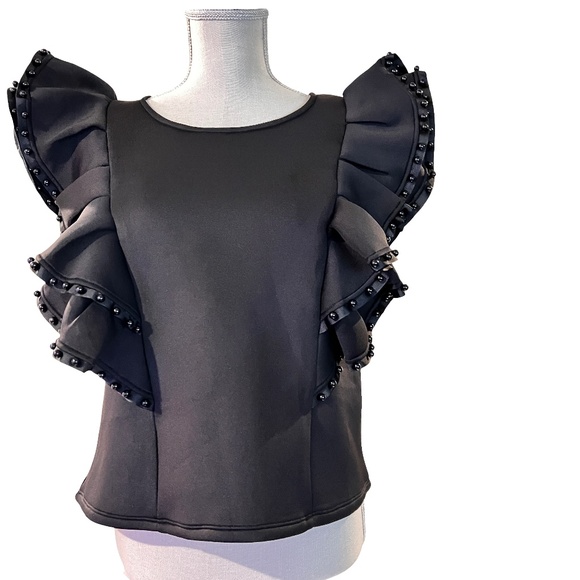 Item #A040 -  FT INC Black Puff Sleeve Ruffle Top, Beaded Trim, NWT, Size L - Picture 1 of 8